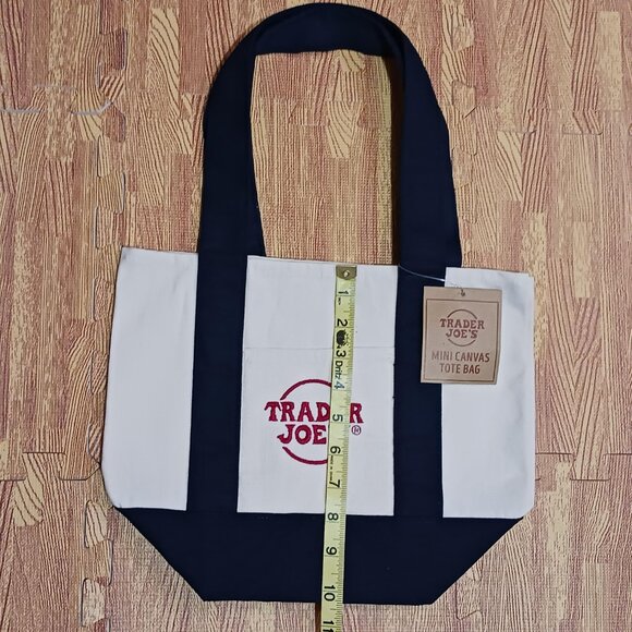 Trader Joe's Mini Canvas Tote Bag Cream Navy Blue Straps Red Embroidery - Picture 3 of 4